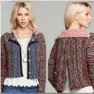 Free People cropped Cardigan Sweater Open Back AZTEC WOOL CHUNK Snap Button XS